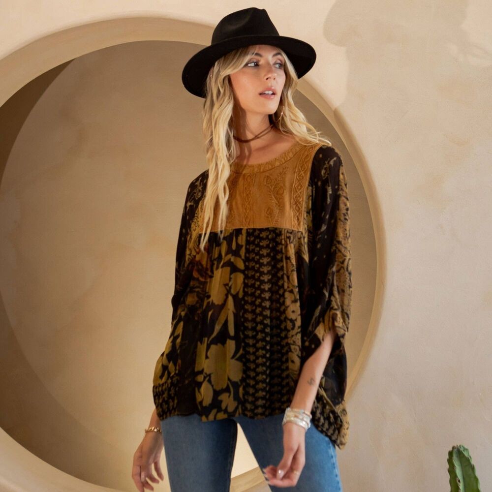 Young Threads Bohemian Tiered Patchwork Blouson Top Size Small